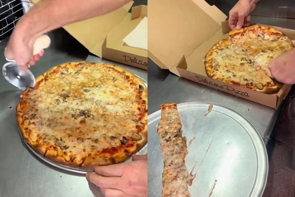 숏폼 플랫폼 틱톡의 인플루언서 ‘피자 제이 라이언’(pizzajayryan)은 미국 현지시간으로 지난 9일 피자를 능숙하게 잘라 크기를 줄인 한 요리사의 영상을 올렸다. 이 영상은 미국에서 ‘배달용 피자 빼먹기’ 논란을 불러왔다. 제이 라이언 틱톡 영상 캡처
