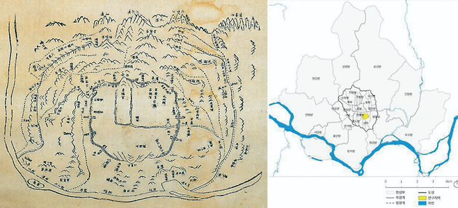 1765년에 제작된  <사산금표도>(왼쪽).  이 지도는 한성부 및 성저십리 내에서 소나무의 벌채를 금지하고, 묘지를 만들지 못하게 하기 위한 금표를 세운 경계를 나타낸 지도이다. 오른쪽은 현 지도 축척에 맞춘 도성과 성저십리를 포함한 한성부의 영역. [서울역사아카이브]