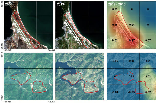 2016년과 2019년 위성영상과 경제점수 차이. 관광개발구 중 하나인 원산 갈마지구(상단)는 유의미한 개발이 발견되었으나 공업개발구인 위원개발구(하단)는 변화가 나타나지 않았다. (배경사진: 센티넬-2 위성영상 유럽우주국(ESA) 제공) (자료=KAIST)