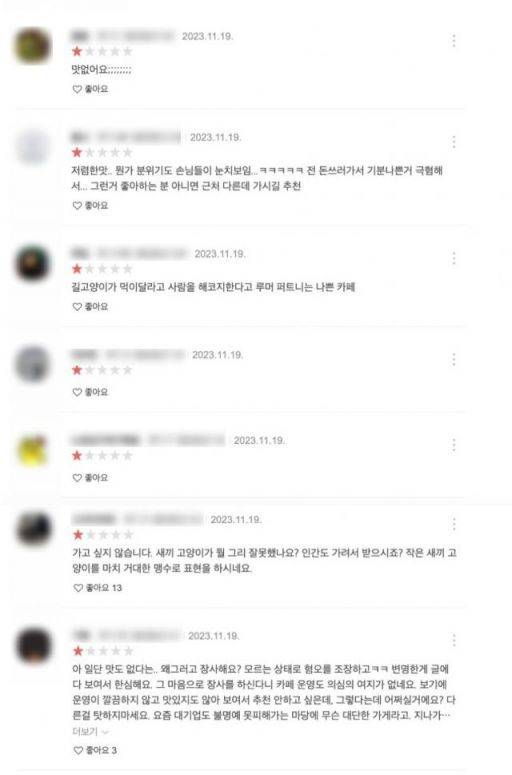 해당 카페 리뷰창에는 애묘인들의 별점테러가 이어지고 있다. [사진=카카오맵 캡쳐]