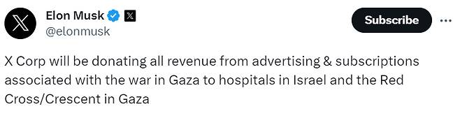 가자지구 전쟁 관련 X 수익 전액을 기부하겠다고 밝힌 머스크의 X 게시글/사진=X 캡처