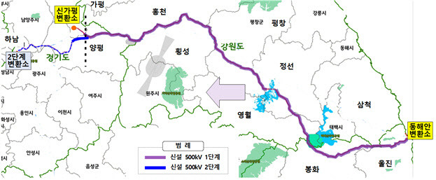 한국전력공사가 건설 중인 동해안~수도권 초고압직류(HVDC) 송전선로. 총 230㎞에 이르는 국내 최장 송전선로다. (사진=산업부)