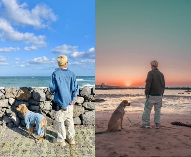 개들과 제주를 걷다보면 자연을 가까이 만나게 된다. 산책길에 바다를 바라보며 돌고래를 찾고 있으면 오렌지도 가만히 주변 냄새를 맡으며 기다려준다(왼쪽 사진). 바닷가에서 풍경이 된 필자와 오렌지.