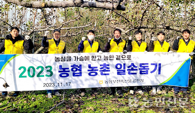 농협 부천축산물공판장 임직원들이 농촌 일손돕기 활동을 마치고 기념촬영을 하고 있다.