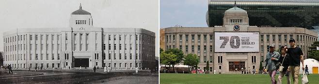 1926년 10월 완공 직후의 경성부청(왼쪽). 해방 이후 경성부청 청사는 서울시청으로 사용되었다. 서울시청 신청사 준공 후 2012년 새단장하여 서울도서관으로 개관했다. [서울역사아카이브·한주형기자]