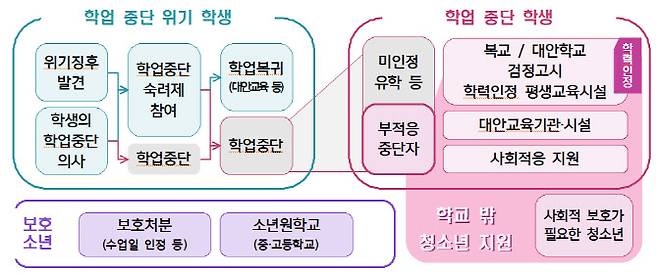 학업중단 및 학교 밖 청소년 정책 대상(자료: 교육부)