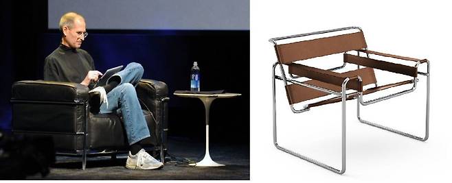 스티브 잡스가 신제품 발표 때 늘 앉아 '스티브 잡스 소파'라는 별명을 얻은 르코르뷔지에 'LC3' 소파(왼쪽). 윤여정은 이 시리즈 2인용이다. 오른쪽은 마르셀 브로이어의 '바실리 의자'.