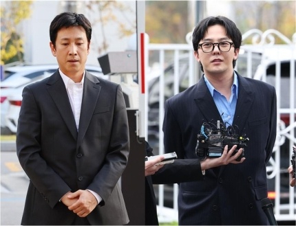 경찰에 출석한 배우 이선균(왼쪽)과 지드래곤. [연합뉴스]