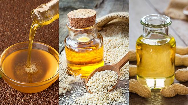 전통 기름에는 몸에 이로운 불포화지방산이 풍부하게 들어있다. (왼쪽부터) 들기름·참기름·땅콩기름 [123RF]