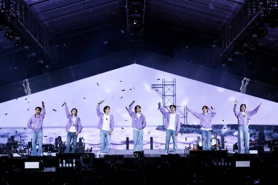 BTS performs during its free concert "BTS 〈Yet To Come〉 in Busan" on Oct. 15, 2022, at the Busan Asiad Main Stadium. [BIG HIT MUSIC]