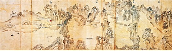 퇴계(退溪) 이황(李滉, 1502-1571)이 소장하며 친필 발문을 남긴 “주문공(朱文公) 무이구곡도(武夷九曲圖).” 주문공은 주희(朱熹, 1130-1200)를 가리키며, 무이구곡은 주희가 살았던 무이산의 아홉 개 명승지를 의미한다. 이 그림을 평생 소장했다는 사실에서 주자를 흠모한 퇴계의 마음이 잘 드러난다. 이미지/영남대 박물관