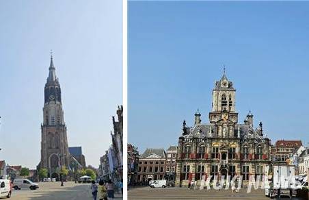 왼쪽 사진은 현재 델프트 신교회(New Church)이고 오른쪽 사진은 맞은편의 시청사이다. 마르크트 광장(Markt Squaur)을 사이에 두고 신교회, 시청사, 로열 델프트 도자기 매장, 카페, 선물가게 등이 모여 있었다. 신교회의 첨탑에 올라가면 델프트의 전경을 볼 수 있다.