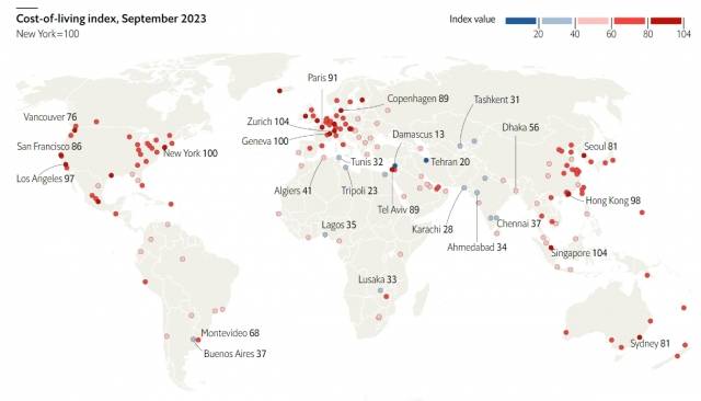 이코노미스트 인텔리전스 유닛(EIU)의 2023년 세계 생활비 조사에 따른 전 세계 각 도시들의 상대적인 물가 지수(뉴욕=100). 이코노미스트 캡처