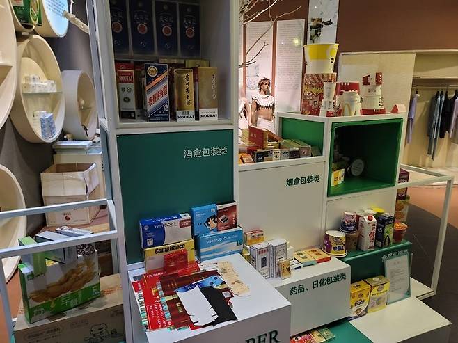 중국의&nbsp;‘국주’로 꼽히는 마오타이주부터 맥도널드, KFC 등 패스트푸드까지 태양제지가 제작한 다양한 제품의 포장지가 중국 산둥성 지닝시 태양제지 본사에 진열돼 있다.