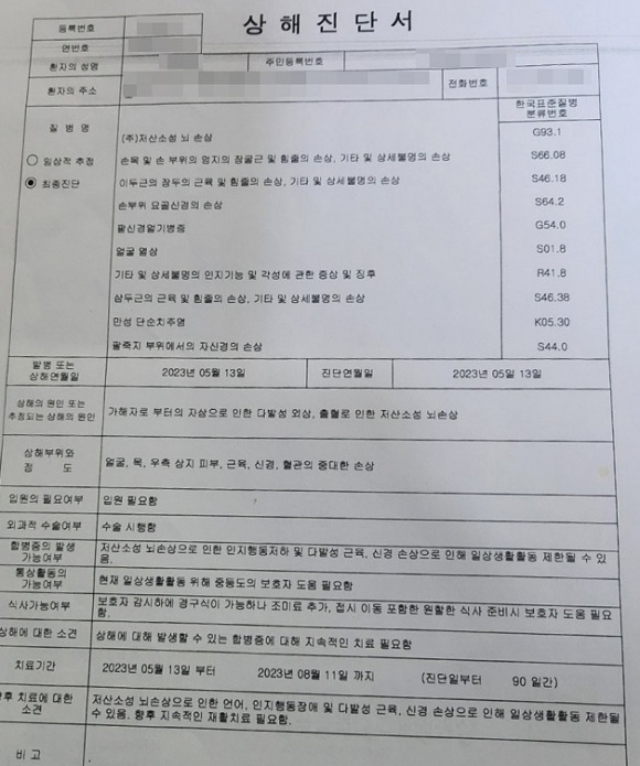 ‘대구판 돌려차기’ 피해자 진단서. 피해자 제공