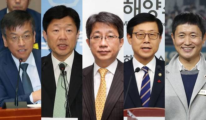 최상목 전 대통령실 경제수석, 우태희 전 산업부 2차관, 박상우 전 LH 사장, 송상근 전 해수부 차관, 이영표 전 대한축구협회 부회장(왼쪽부터)