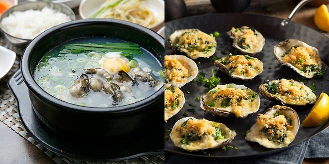 굴국밥(왼쪽), 버터와 시금치를 넣은 굴요리[123RF]