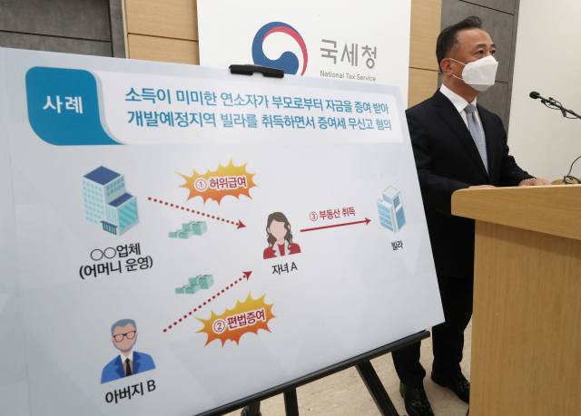 2021년 8월 국세청이 편법 증여에 대한 세무조사와 관련한 브리핑을 하고 있는 모습./연합뉴스
