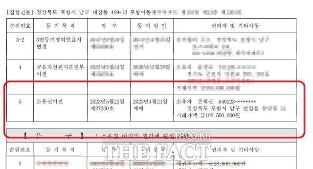<더팩트>가 입수한 등기사항전부증명서에 따르면 손 도의원은 지난 5월 22일 포항시 남구 대잠동 소재 아파트를 1억 9250만 원(근저당 설정 1억 4740만 원)에 구입한 것으로 드러났다. 이 당시 손 도의원은 지역구가 아닌 다른 지역구에서 거주했던 것으로 보여 지역구 주민들로 비난을 받고 있다./독자 제공