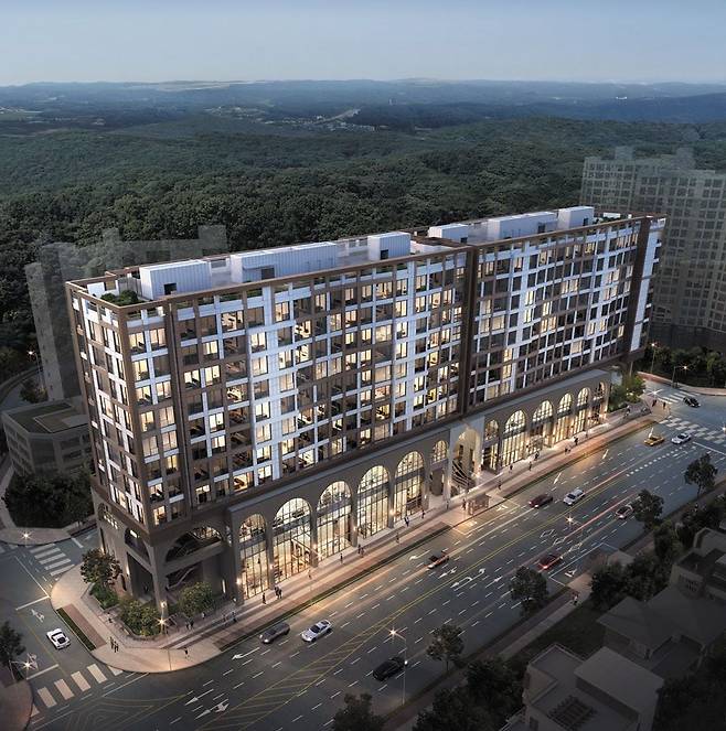 경기 성남시 판교 대장지구에 들어서는 고급 오피스텔 '판교 디오르나인'의 완공 후 이미지. 라운지 카페와 스크린 골프연습장 등 고급 커뮤니티 시설이 조성되고, 집에서 주변의 숲을 즐길 수 있도록 창도 크게 설계했다. /인강개발