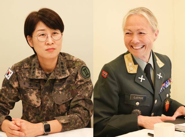 올해 9월 서울 중구의 한 음식점에서 만난 한국 2공병여단 부여단장 문한옥(왼쪽 사진) 대령과 노르웨이군 참모총장 잉그리드 예르드 중장. 예르드 중장은 유엔평화유지군의 사령관을 지냈고, 문 대령은 2009·2010년 유엔평화유지군에서 활동한 경험이 있다. 유엔여성기구 제공