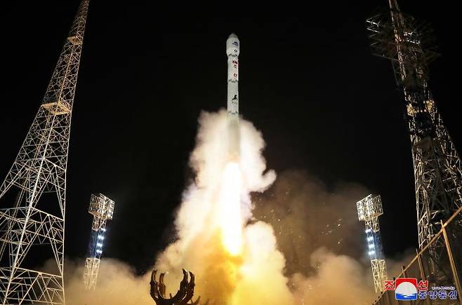 North Korea\'s first military reconnaissance satellite \'Manjikyong-1\' is launched from the Seohae Satellite Launch Center in Dongchang-ri, Chonsan-gun, North Pyongan Province, on Monday night. KCNA|Yonhap