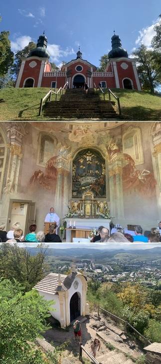 (위로부터)칼바리아 하부 교회 전경, 주일예배가 열리는 하부 교회 내부 모습, 언덕 꼭대기에 자리한 상부 교회로 올라가는 길