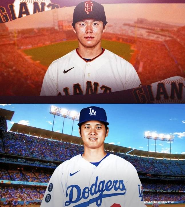 샌프란시스코 유니폼을 입은 야마모토 요시노부(위쪽)와 LA 다저스 유니폼을 입은 오타니 쇼헤이(아래쪽)를 상상한 그래픽. /사진=미국 매체 클러치포인트