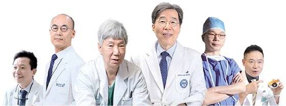 ‘닥터 후’가 만난 명의들. 왼쪽부터 유방암 킬러 노우철 건국대병원 교수, 방광암 명의 서호경 국립암센터 교수, 세계적 칼잡이 이승규 서울아산병원 석좌교수, 류머티즘 1인자 배상철 한양대병원 교수, 대동맥 명의 송석원 이대서울병원 교수, 망막박리 파이터 이성진 순천향대서울병원 교수. [중앙포토]