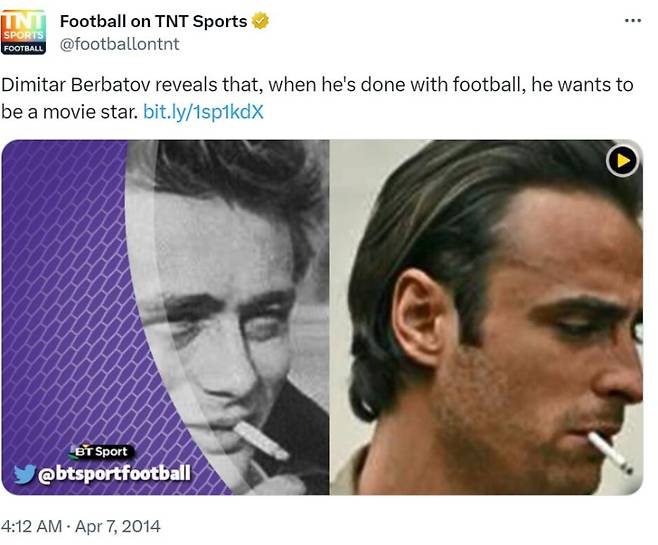 토트넘과 맨체스터 유나이티드에서 뛰었던 디미타르 베르바토프는 은퇴 후 영화배우로 데뷔했다. 사진 속의 베르바토프는 배우 제임스 딘과 비교됐지만, 사실 그는 영화 ‘대부 3’에 등장한 앤디 가르시아의 도플갱어로 유명하다. 베르바토프는 이 사진으로 인해 흡연자로 알려졌지만, 그는 단지 “멋지게 보이기 위해 담배 피우는 흉내만 냈다”고 한다. TNT Sports 트위터