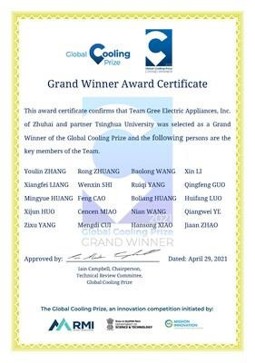 In 2021, Gree "Zero Carbon Source" air conditioning system won the highest award of the Global Cooling Prize (PRNewsfoto/Gree Electric Appliances, Inc)