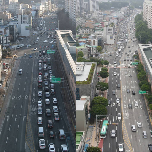 퉁소바위사거리 신호체계 개선 전(사진 왼쪽)과 후. 수원중부경찰서 제공