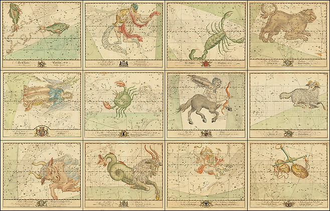 별자리를 그림으로 그린 그림. 북회귀선은 게자리(cancer)를 뜻하고 남회귀선은 염소자리(capricon)를 뜻합니다. [John Bevis]