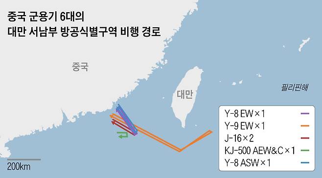 영국군 구축함이 대만해협을 통과한 27일 중국 군용기 6대가 대만 서남부 방공식별구역을 비행했다. 대만 국방부가 공개한 비행경로. /대만 국방부 홈페이지