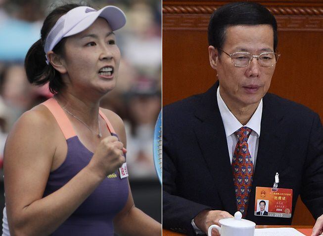 중국 유명 테니스 선수 펑솨이(왼쪽)와 전 부총리 장가오리. /EPA, AFP 연합뉴스