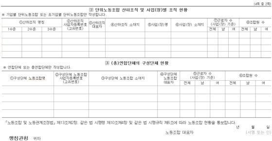 개정되는 노동조합 정기현황 통보서 서식. 사업(장)별 조합원 수까지 세세하게 게재하도록 바뀐다. 고용노동부 제공