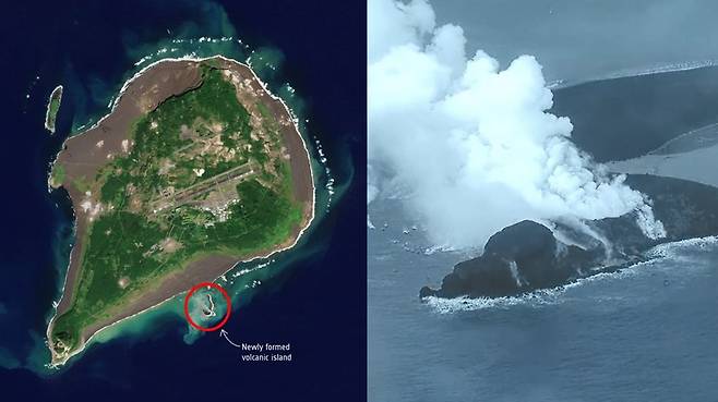 지난달 27일 유럽우주국(ESA)의 코페르니쿠스 센티넬-2 위성이 촬영한 새로운 섬(원안)의 모습과 지난달 말 드론으로 촬영한 섬 모습.