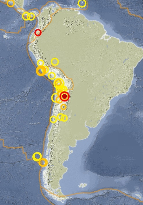 아르헨티나 북서부 살타 지역에서 11일(현지시간) 규모 5.5의 지진이 발생했다. 두 개의 빨간 원으로 표시된 지점이 지진 발생 지역. GFZ 홈페이지 갈무리