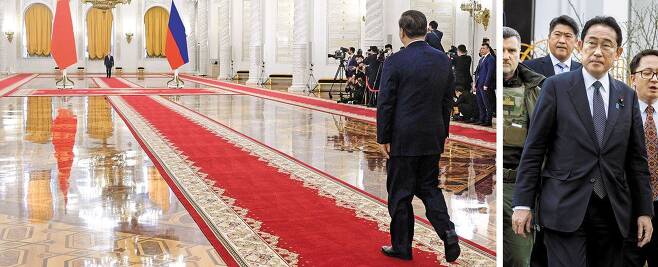 푸틴 향해 걸어가는 시진핑… 우크라 간 기시다 - 러시아를 방문한 시진핑 중국 국가주석이 21일(현지 시각) 모스크바 크렘린궁 행사장에 입장하고 있다. 블라디미르 푸틴 대통령이 레드 카펫 반대편에서 그를 기다리고 있다. 두 정상은 이날 공식 회담 후 공동 기자회견, 국빈 만찬을 이어갔다. 오른쪽 사진은 이날 우크라이나를 방문해 수도 키이우 외곽에 있는 부차 마을 학살 현장을 둘러본 기시다 후미오 일본 총리. /로이터 연합뉴스·뉴스1