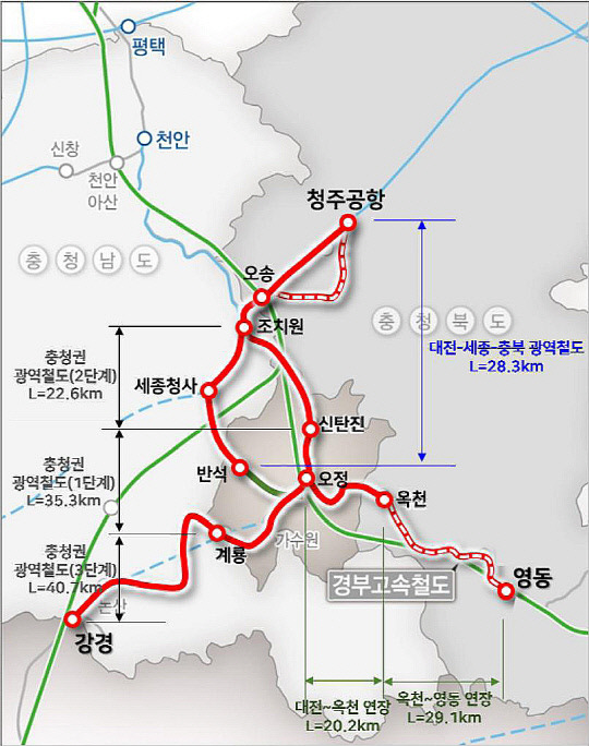 대전-옥천 광역철도 영동 연장 위치도. 충북도 제공