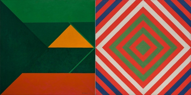 (좌측) 유영국, ‘산’, 1970, 캔버스에 유채, 136.5×136.5cm, 국립현대미술관 소장, ⓒ유영국미술문화재단, (우측) 김한, ‘인테리어 10’, 1968, 캔버스에 유채, 148×148cm, 국립현대미술관 소장