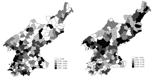 수출 제재(왼쪽), 수입 제재(오른쪽)에 따른 지역별 제재 취약도를 나타낸 북한 지도. KAIST 제공