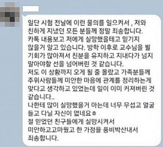 교수와의 부적절한 대화 내용이 알려진 후 해당 여학생이 단체 채팅방에 올린 문자 내용. [온라인 커뮤니티 캡처]