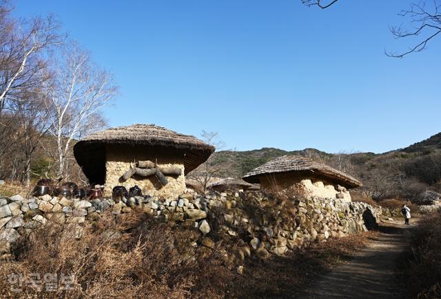 한티순교성지에 사라진 옛 마을을 복원해 놓았다. 주변 억새를 활용해 지붕을 얹었다.