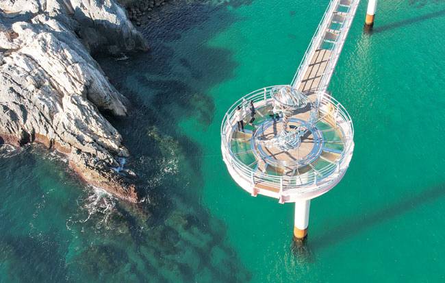 울진 후포항 뒤쪽의 등기산 스카이워크. 강화유리 바닥 구간에서는 발밑으로 푸른 바다를 내려다볼 수 있다.