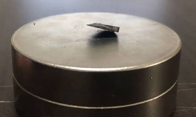 이석배 퀀텀에너지연구소 대표와 오근호 한양대 명예교수가 이끄는 연구진이 공개한 상온 초전도체 LK-99. LK-99가 자석(둥근 물체) 위에서 상당 부분 떠 있다. 퀀텀에너지연구소 제공