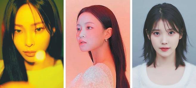 헤이즈와 이하이, 아이유(왼쪽부터) 등 국내 톱 여성 솔로 가수들이 각각 십센치, 성시경, 방탄소년단 뷔 등 남성 아티스트들과 잇달아 협업해 시너지를 내고 있다. 사진제공｜피네이션·AOMG·이담엔터테인먼트