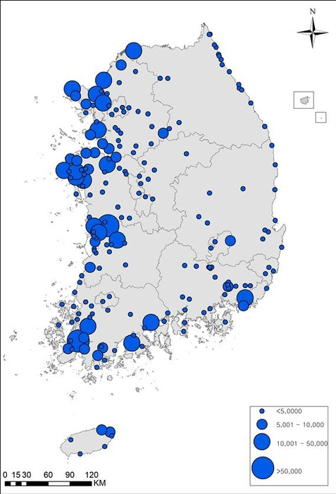 12월 전국 오리과조류(오리류·기러기류·고니류) 분포지도.[환경부 제공]