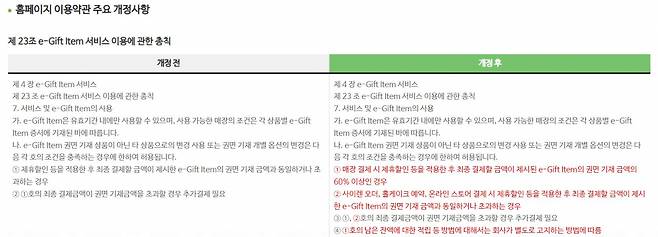 스타벅스가 13일 사전공지한 이용약관 주요 개정사항 [스타벅스 코리아 홈페이지 캡처]