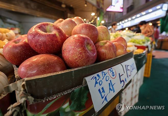 농산물 가격 오름세…사과 17.2%↑ (서울=연합뉴스) 서대연 기자 = 올해 먹거리 물가 지수가 5% 이상 오르며 10년만에 3년 연속 5% 이상 오름세를 보이고 있는 가운데 서울 시내 한 전통시장 과일가게에서 사과를 팔고 있다. 
    5일 통계청 국가통계포털(KOSIS)에 따르면 올해 1∼10월 식료품·비주류음료 물가 지수는 작년 같은 기간보다 5.1% 상승하며 지난 2011년 이후 처음으로 3년 연속 5%를 넘기고 있다. 과실 중에서는 귤(18.3%), 사과(17.2%) 등이 높은 상승률을 기록했다. 2023.11.5 dwise@yna.co.kr